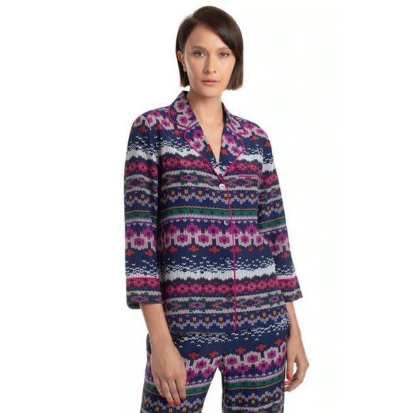 💕TRINA TURK💕 Ira 3 100% Silk Pajama Style Top ~ Fairisle Print Large L NWT - Picture 1 of 16